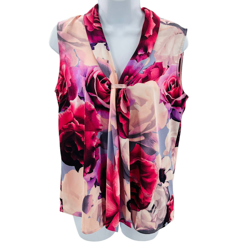 Tahari Pink Red Floral Tie-Neck Sleeveless Blouse